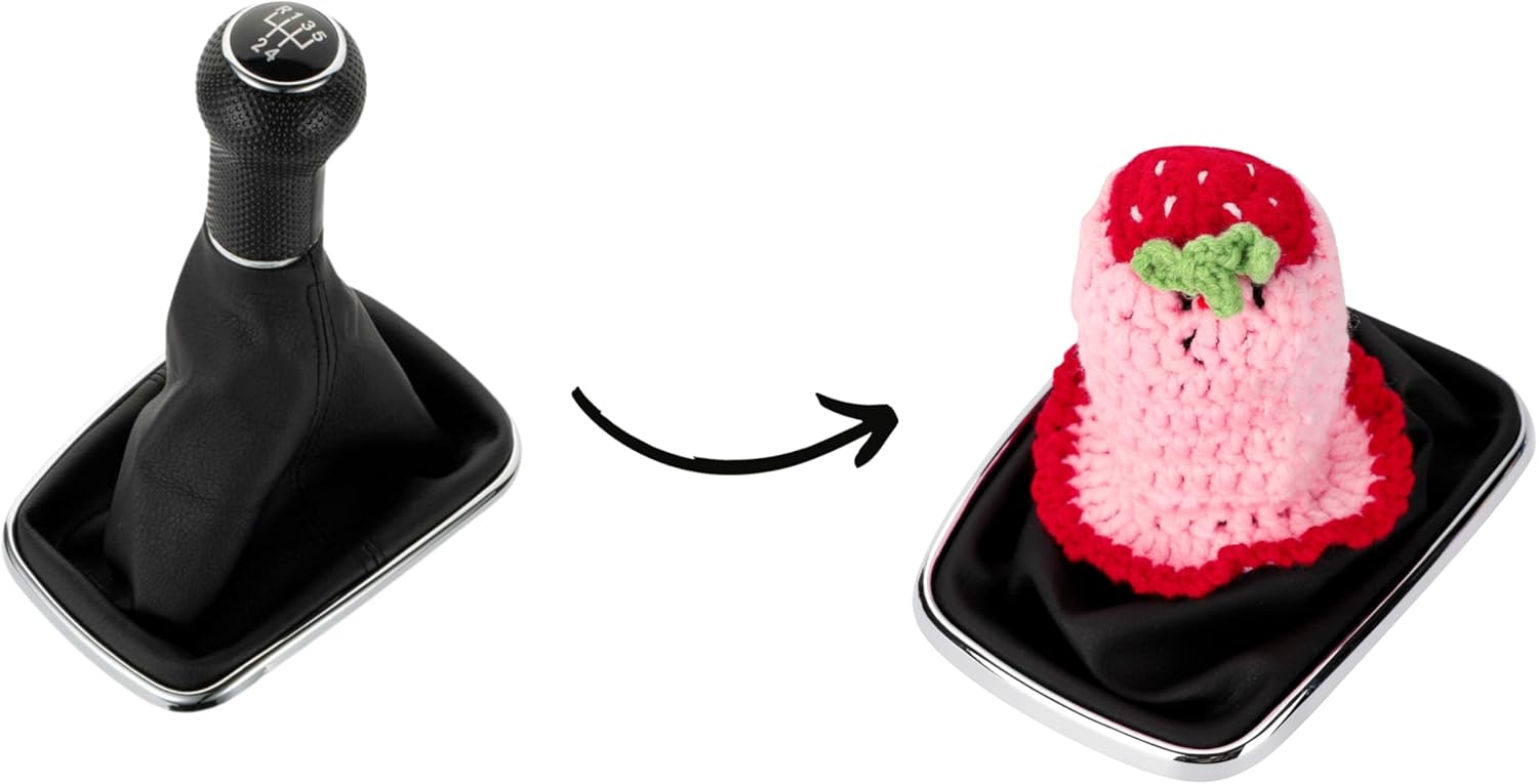 Crochet Steering Wheel Cover Set,Cute Car Steering Wheel Cover Boho 14-15in,Pink Strawberry Granny Square Pattern,Women Car Accessories (Pink (Steering+Shift Knob) Cover)