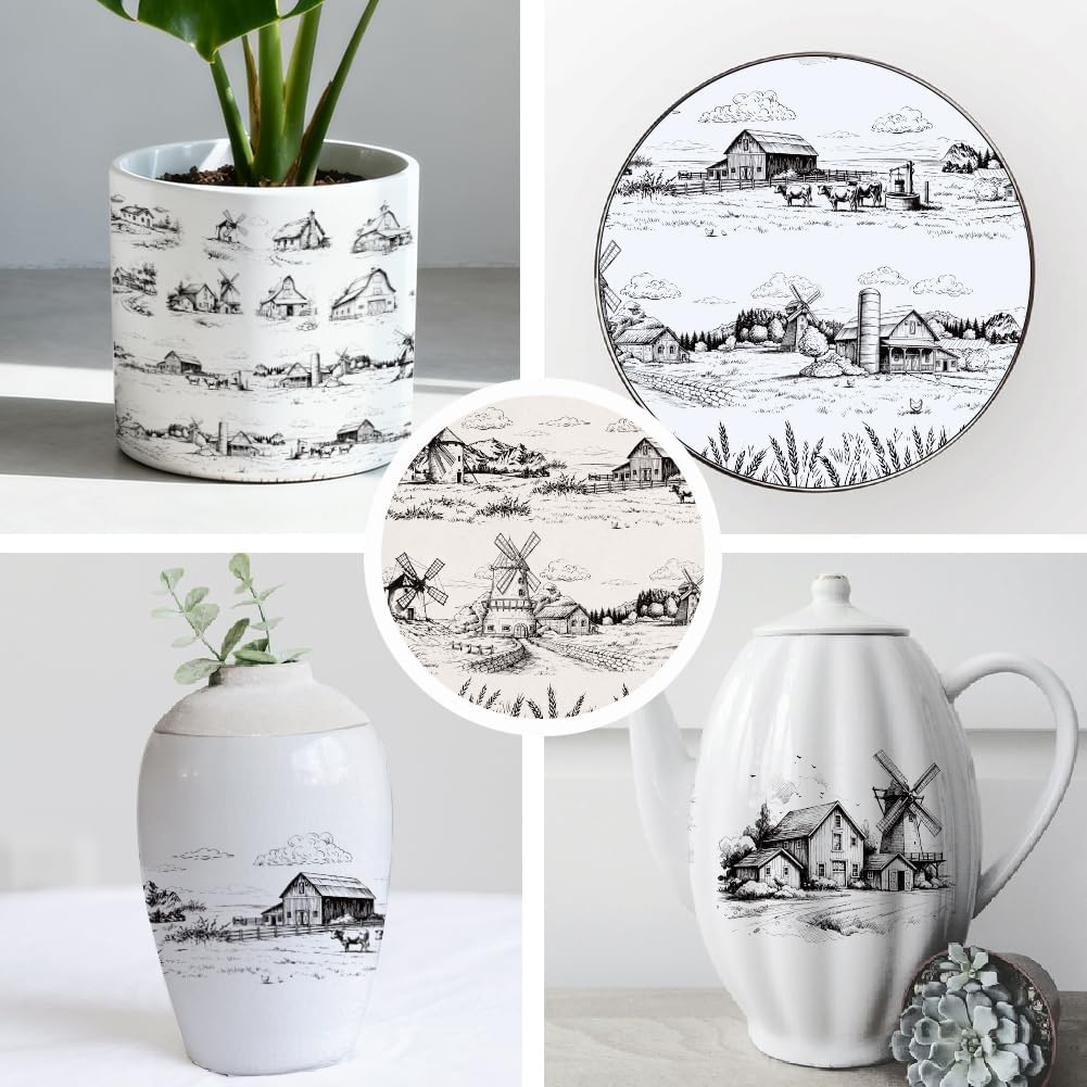 SUPERDANT 4Pcs 20.47x14.57 Inch Ceramic Transfer Paper Underglaze Transfers Waterslide Decals for DIY Pottery Tableware Decor Farm Landscape Design, Black