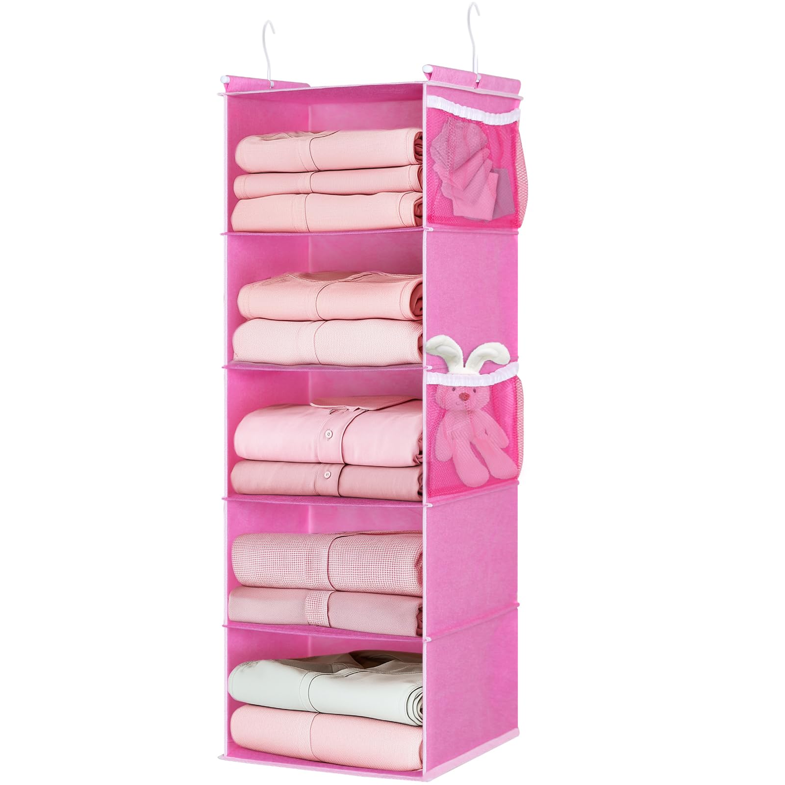 MAX Houser Organizador de armario colgante de 5 estantes, estantes de almacenamiento colgantes con 4 bolsillos laterales, ahorro de espacio para dormitorio, plegable (rosa)
