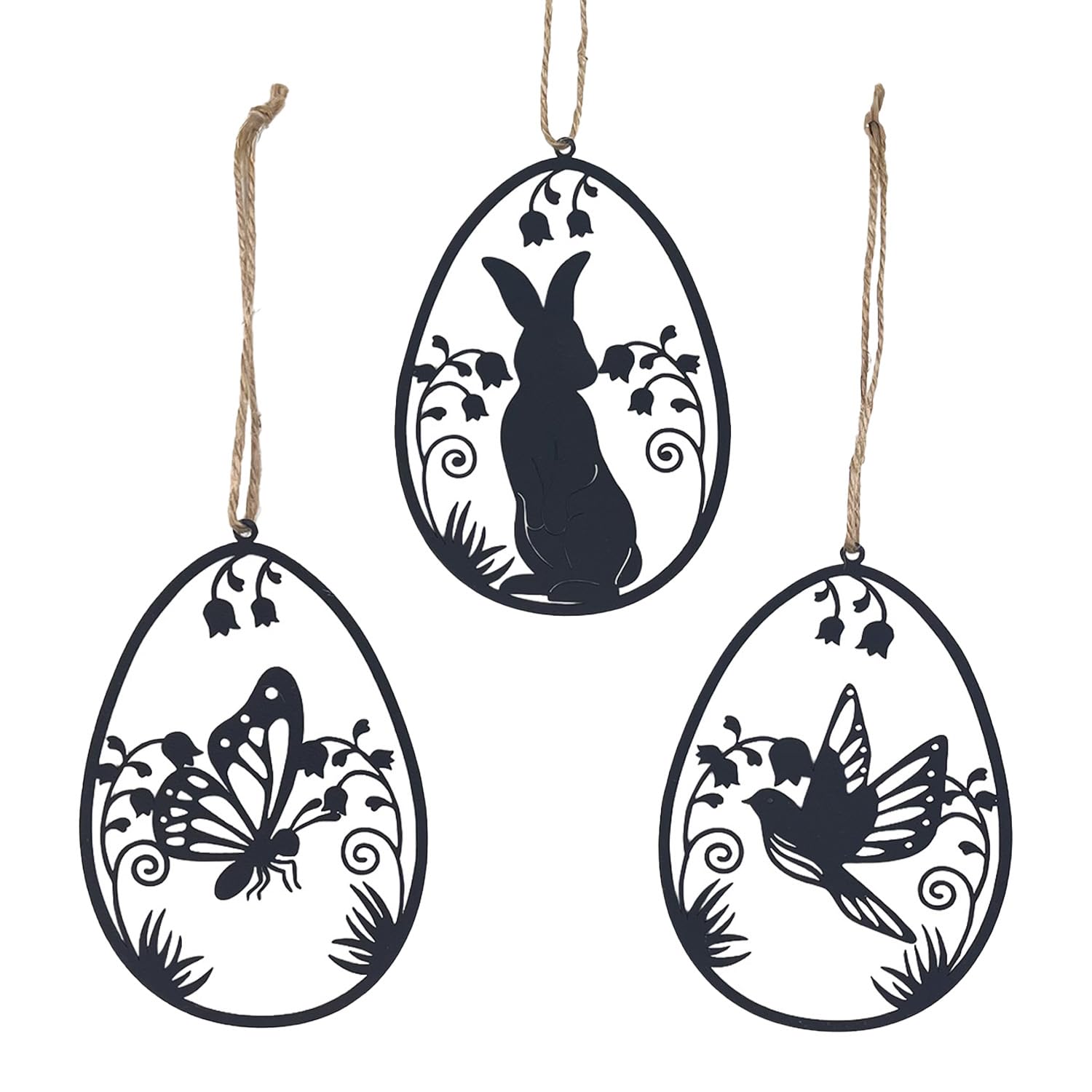 Metall-Ostereier 3er-Set flach zum Hängen – je ca. 12 x 8,5 cm – schwarz Sortiert mit Oster-Motiven – Elegante Fenster- & Zweigdeko – Logbuch-Verlag
