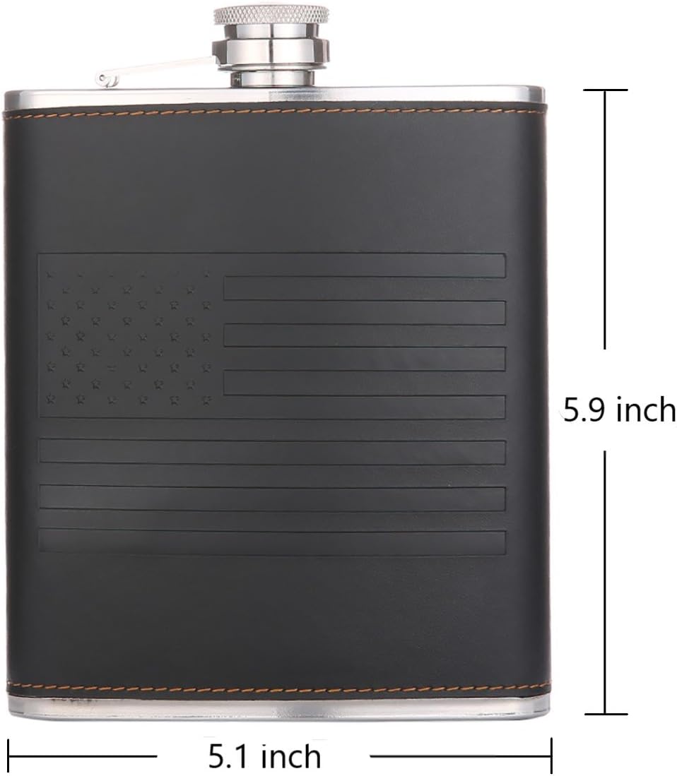 American Flag 18 oz Black Stainless Steel Whiskey Hip Flasks for Liquor with Leather Wrapped