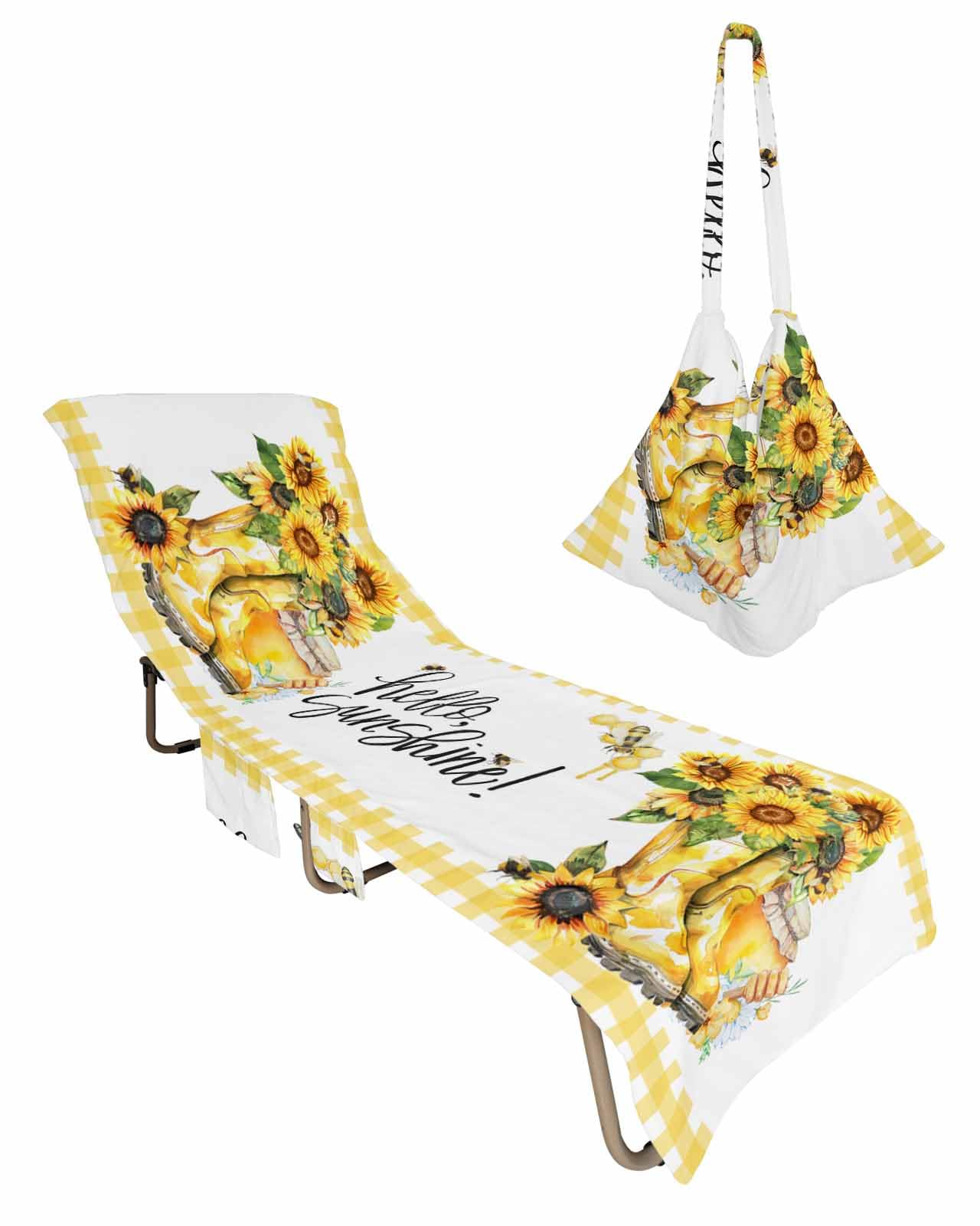 Sunflower Bee Beach Chair Cover with Side Pockets, Microfiber & Quick Dry Pool Chaise Lounge Chair Towels Covers for Sun Sunbathing Patio Garden Hotel, Yellow Buffalo Plaid Boot Spring Summer