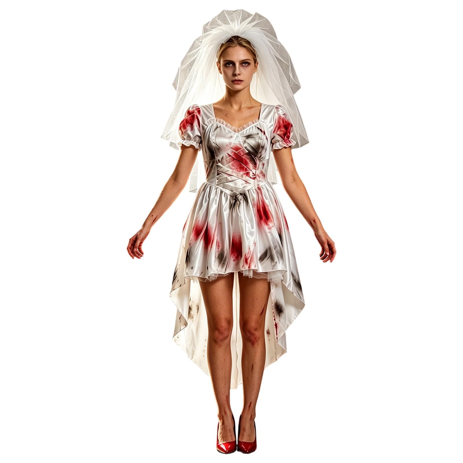 Zombie Nurse Dress Halloween Costume with Cap Horror Medical Outfit for Women, Bloody Fancy Dress Set for Parties & Stage Shows Scary Cosplay Ensemble Halloween Costume Womens