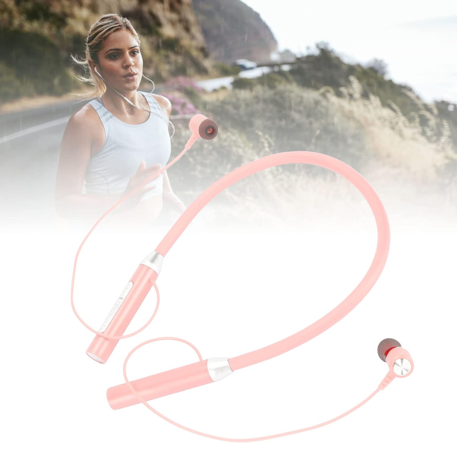 A person running outdoors while wearing the Jectse Neckband Headphones, illustrating their suitability for active use and water resistance.