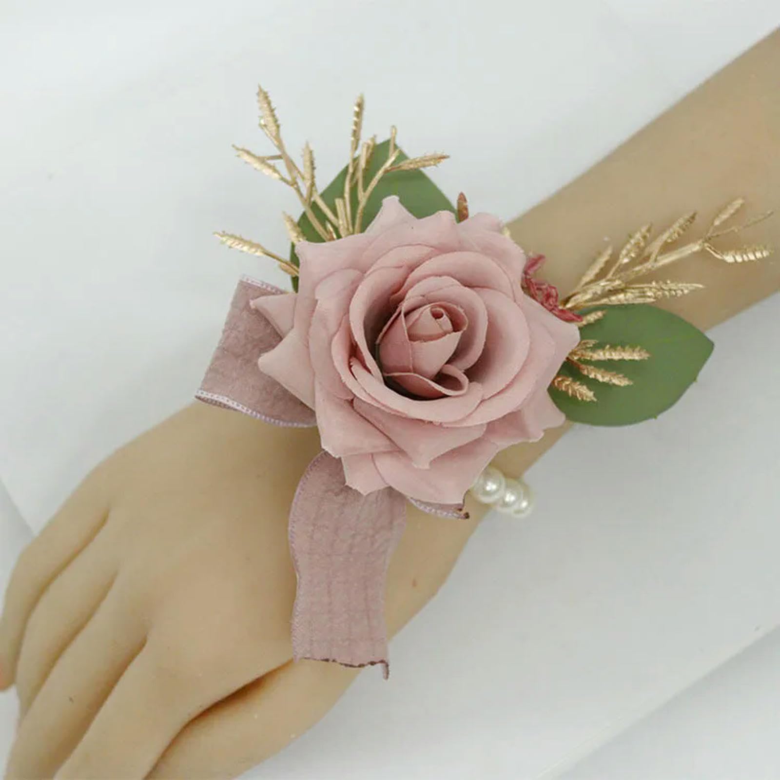 Kpvvpeox Pink Dusty Artifical Flowers Rose Wrist Corsage Bridesmaid Boutonniere Wedding Accessories-Wrist Flower