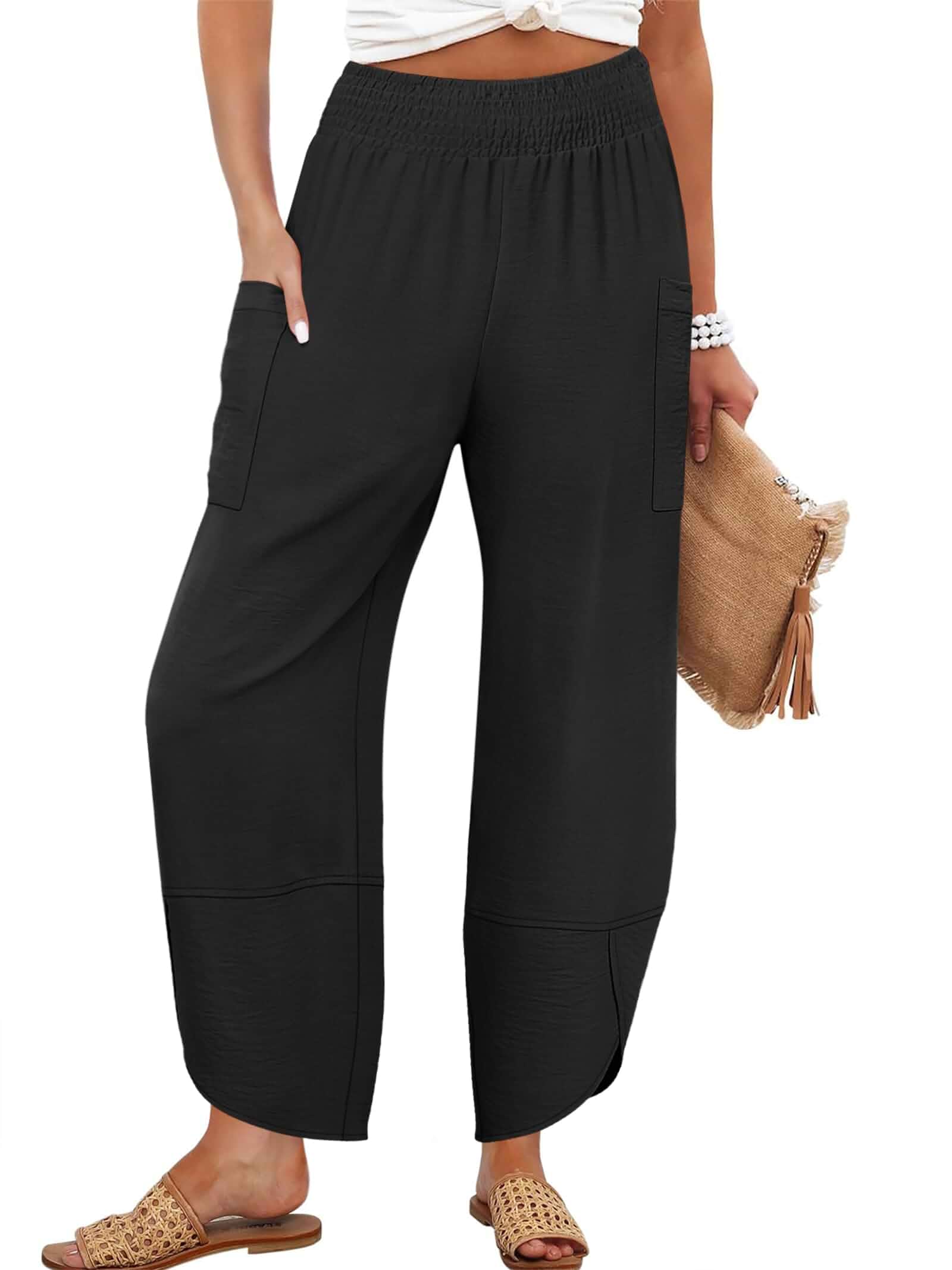 ANRABESS Womens Wide Leg Palazzo Capri Barrel Pants Cropped Trousers Lightweight Breathable Smocked High Waisted Pocket Design, Beach Vacation Work Outfits, Summer Casual Lounge Flowy Pants