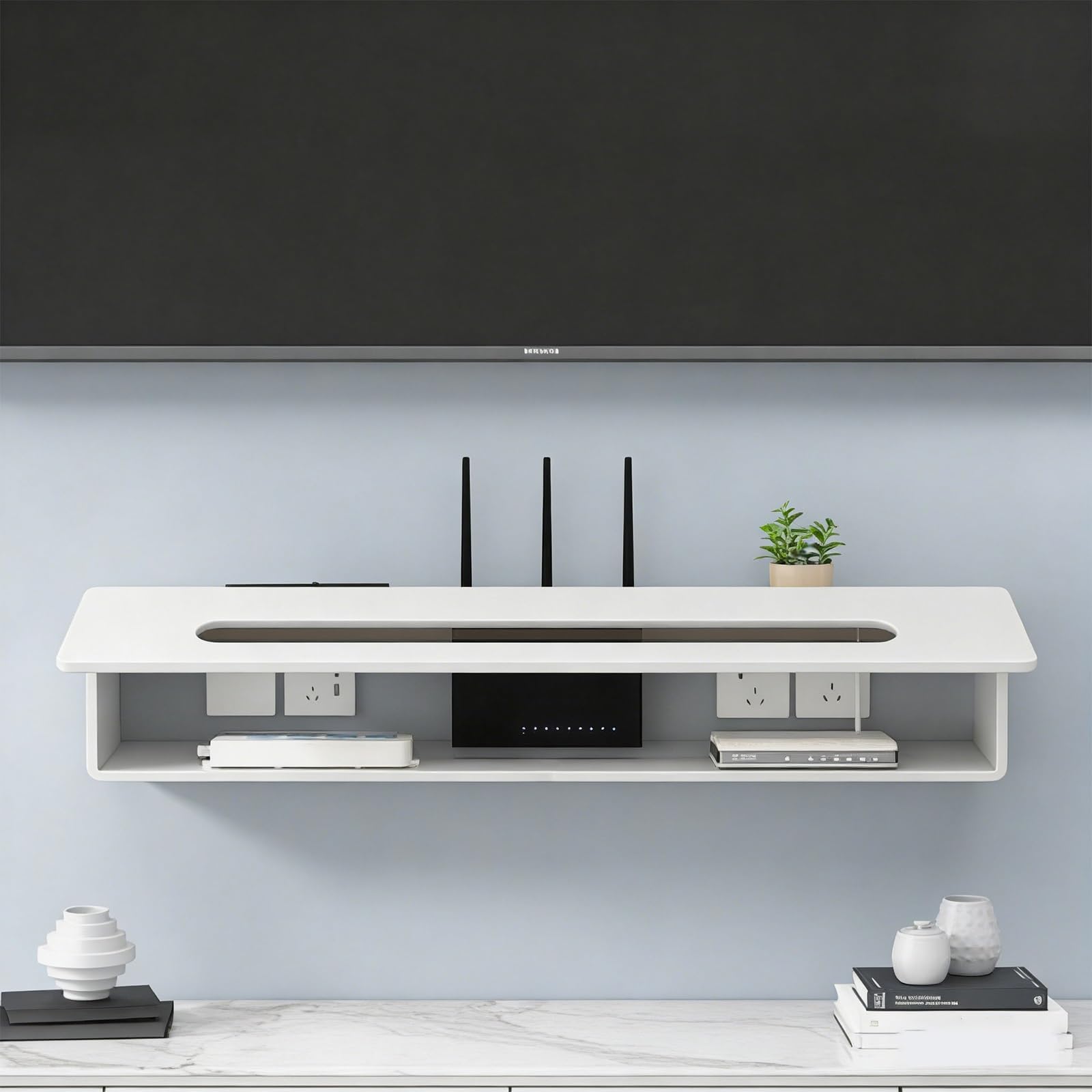 Scatola da parete per router WiFi, portaoggetti nascosto per decoder TV, router e cavo di alimentazione, supporto decorativo da parete perfetto per casa e ufficio (C 80 x 13 x 20 cm)