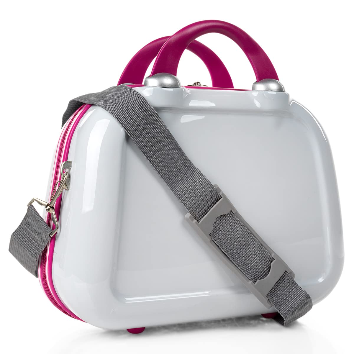 ITACA Neceser Viaje - Neceser de Viaje Mujer Rígido - Neceser Mujer - Neceser Viaje Mujer de Material ligero y Resistente. Estuche Maquillaje Mujer Rígido Juvenil, Material Resistente, Blanco-Fucsia