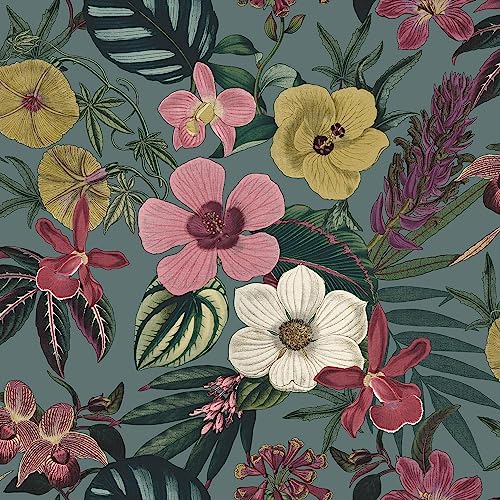 Floral Leaf Teal Wallpaper - Pink Yellow Naturistic Flowers Botanical Leaves - Feature Wall Modern Contemporary