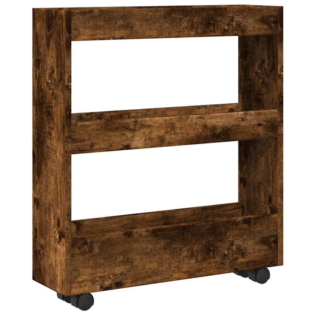 Carro de almacenamiento estrecho de 3 pisos, roble ahumado, material de madera con ruedas, carrito de cocina para cocina y comedor, carrito con ruedas para ahorrar espacio, con espacio de