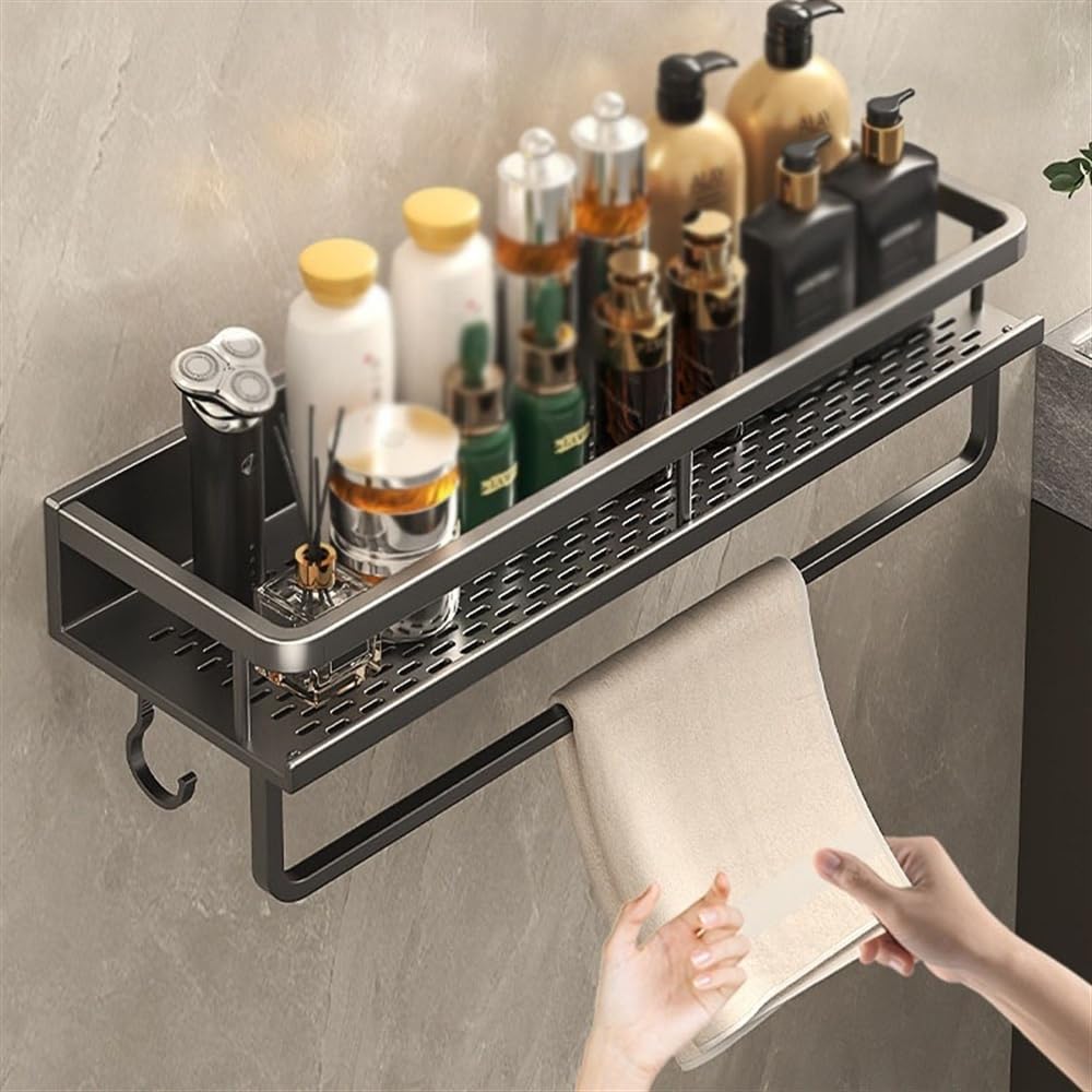 Wygoda Organizer prysznicowy z aluminium Space z drążkiem na ręczniki i haczykami, półki łazienkowe bez wiercenia(40cm)