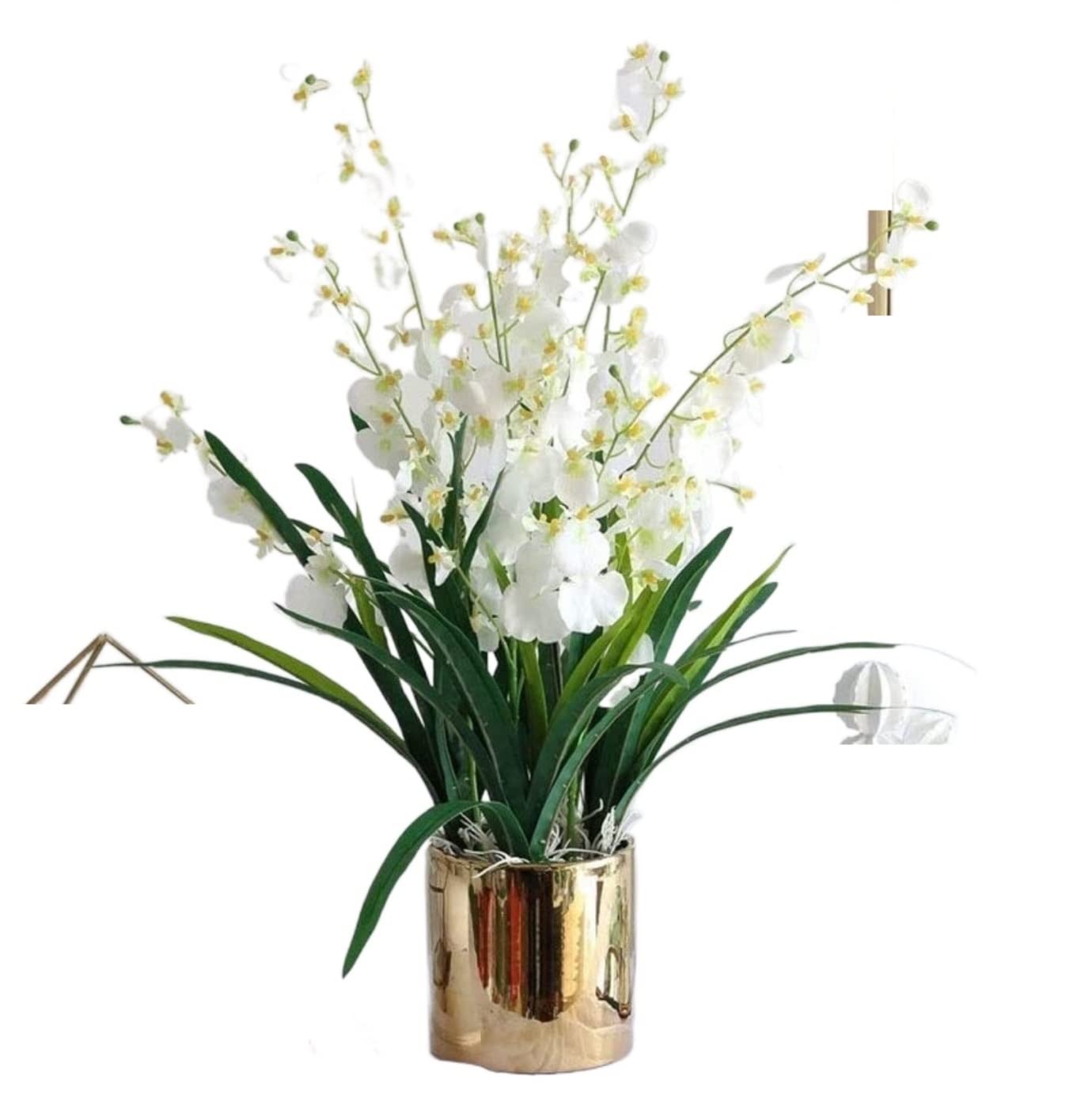 MYUYEE Artificial Flowers Beautifully Silk Artificial Flower Dancing Orchid With Ceramic Vase For Home Decorative Fake Flowers For Decor(White-58Cm)