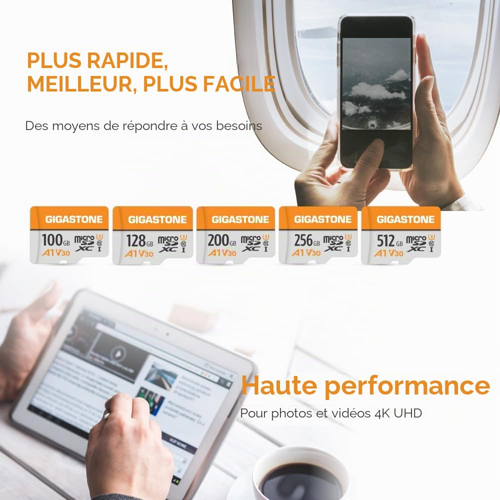 GIGASTONE Carte Mémoire 128 Go Lot de 10 Cartes, Compatible avec Gopro Caméra Drone Tablette Samsung Sony, Haute Vitesse pour 4K UHD Vidéo, A1 U3 C10 Carte Micro SDXC avec Mini étui et Adaptateur SD.