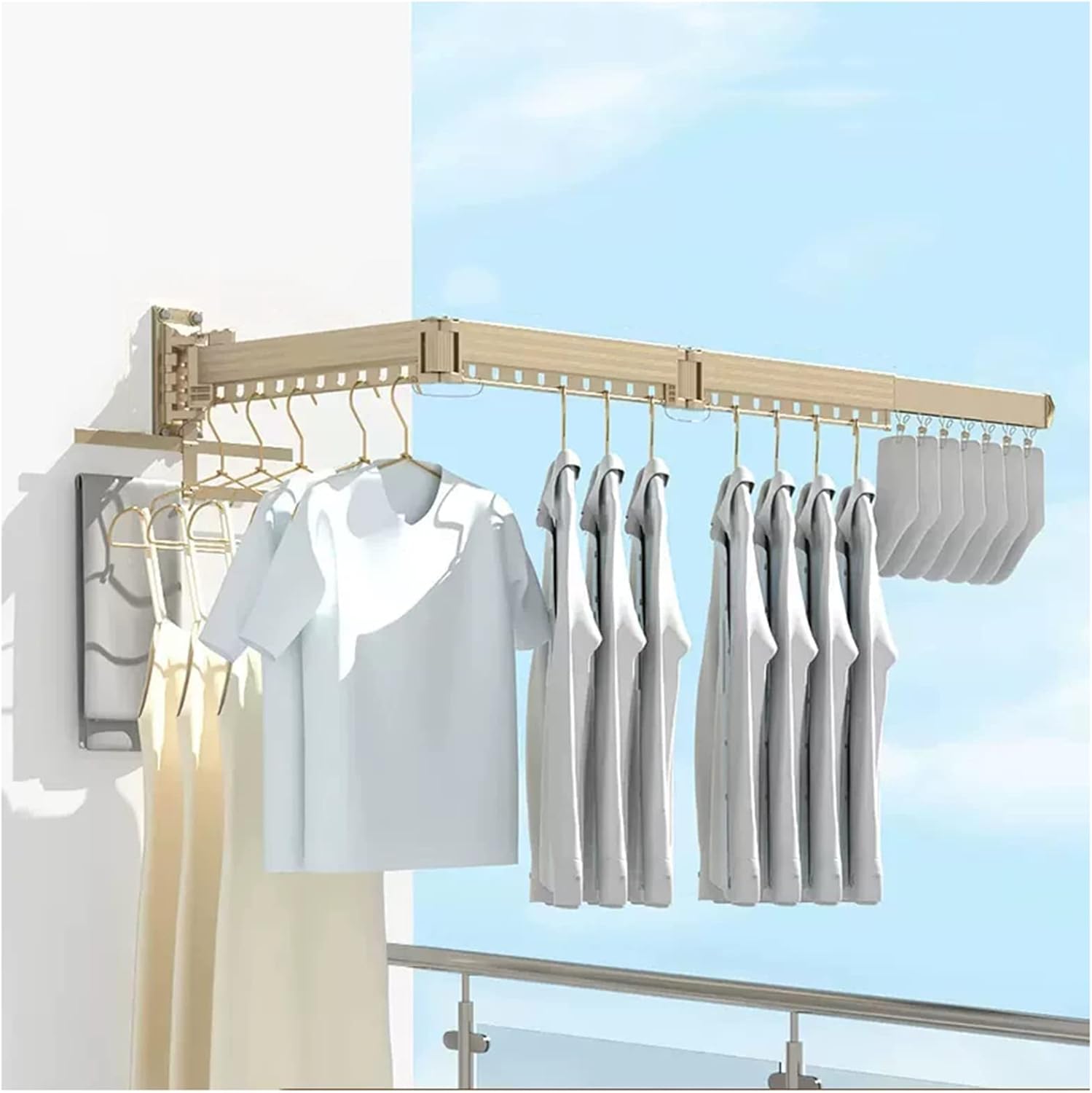 Clothes Drying Rack,Laundry Drying Rack Wall Mount, Space Saver Clothes Rack,Retractable,Collapsible, for Balcony,Laundry,Bathroom,Patio and Bedroom,Gold,203cm/80inch