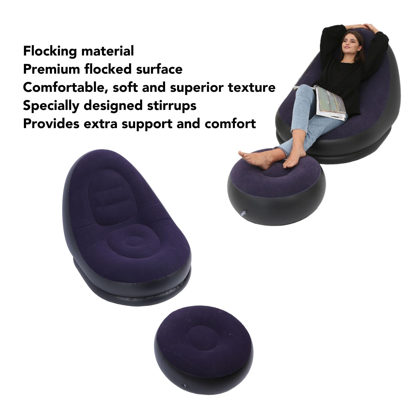 ciciglow Canapé Gonflable, Chaise Longue Gonflable avec Repose-Pieds, Charge de 100 Kg, Flocage Doux, Chaise Longue Gonflable pour Salon, Voyage en Plein Air (Bleu foncé)