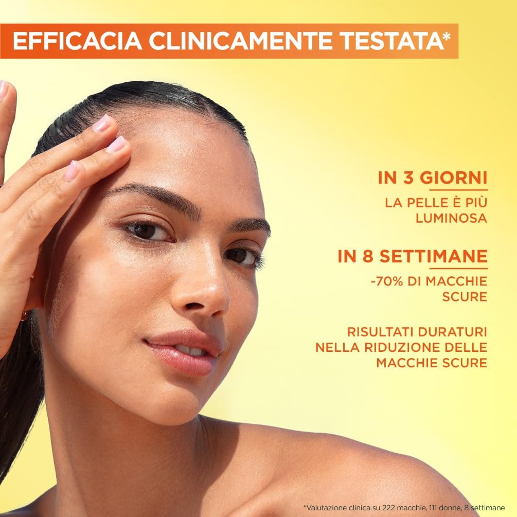 Garnier Siero Viso Vitamina C Anti-Macchie, Illuminante e Rimpolpante, Arricchito con Vitamina C, Niacinamide e Acido Salicilico, Pelle Libera dalle Macchie Scure in 6 Giorni, Incarnato Luminoso, 30ml