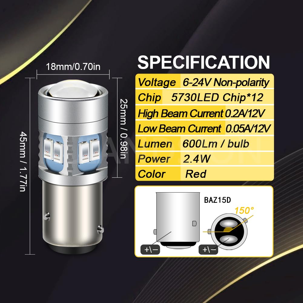 Ruiandsion 2 PZ Rosso BAZ15D Lampadine LED 6-24V P21/4W Doppia Funzione Alta Basso Beam 5730 12SMD Chipset LED Lampadine per Back Up Car Side Marker Posteriori Posteriori