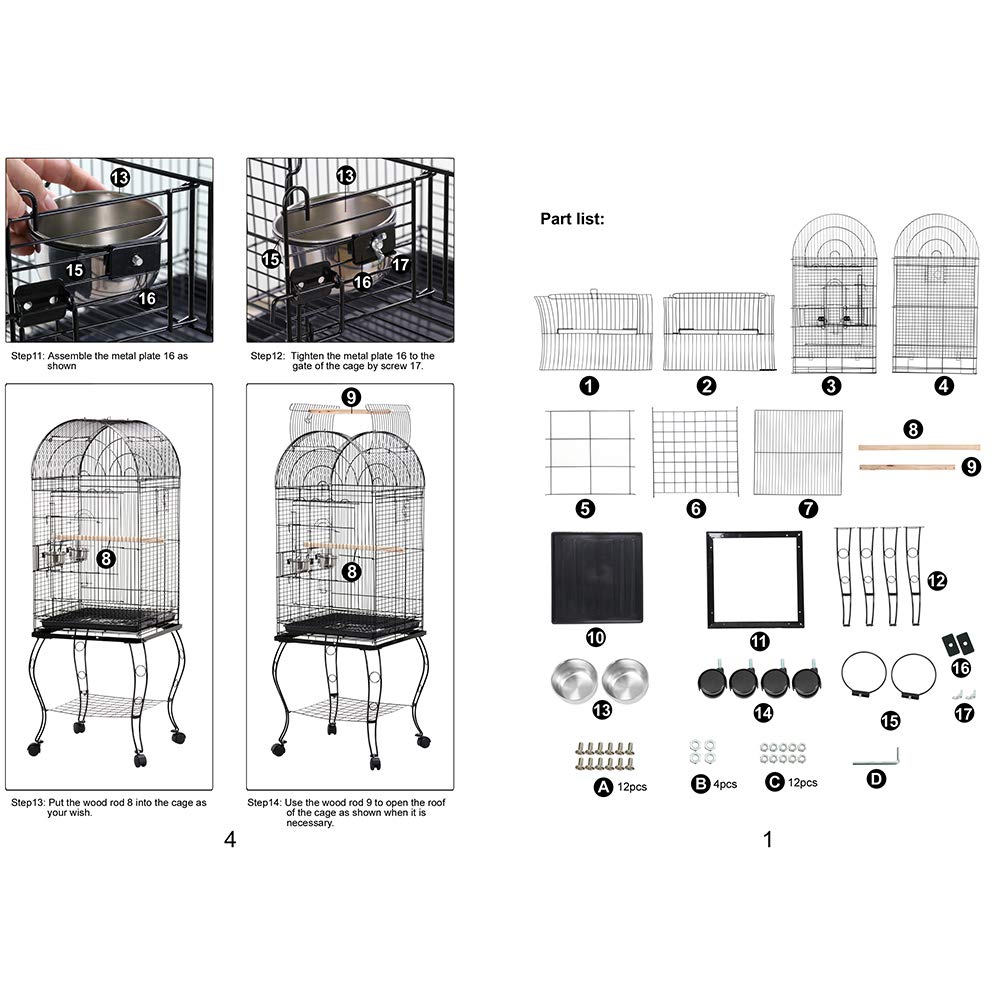Volière,Cages à Oiseaux,Grande Cage à Oiseaux Volière Extérieur avec Pied sur Roulette pour Perroquet/Perruche/Canari/Parakeet/Calopsitte élégante,Cage à Oiseaux Portable, 59 * 59 * 150cm