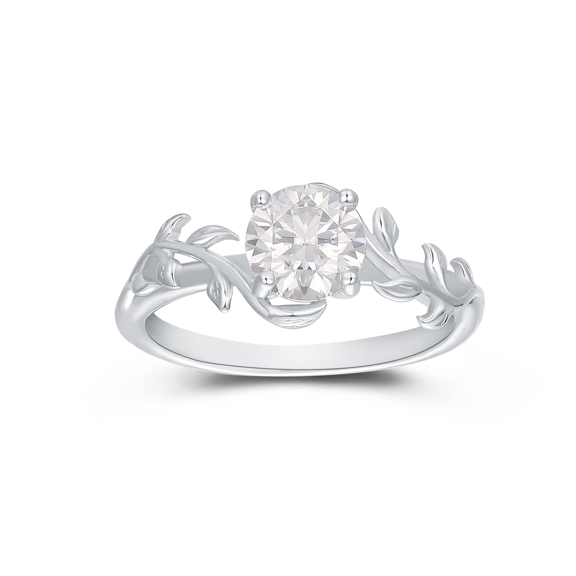 FrayerrGift For Women - Brilliant 1.01 Carat Round Cut Moissanite Rings - Leaf Shaped Platinum Plated 925 Silver Ring - Art Deco Engagement Rings For Women - Vines Style Promise Rings For Her