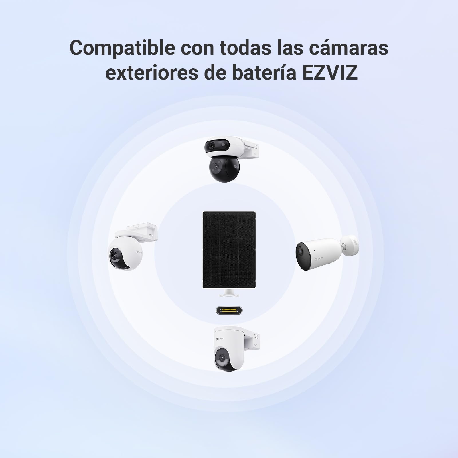 EZVIZ Panel Solar Fuente de Alimentación con Puerto Tipo C, para Cámaras Vigilancia WiFi Exterior con Batería, Impermeable, Montaje Ajustable, 8W, Fuente de Alimentación Continua (con Cable de 3m)