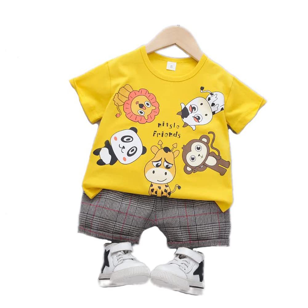 Bold N ElegantHalf Sleeve Cute Funny Jungle Animal Cartoon Dinosaur Print Cotton Tshirt and Plaid Shorts Set for Infant Toddler Kids