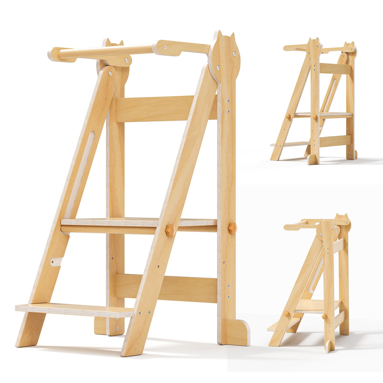 Montessori Folding Observation Tower, Space-Saving Tower for Children from 1 to 5 Years Old Natural Wood Kitchen Aid (50 kg Capacity)