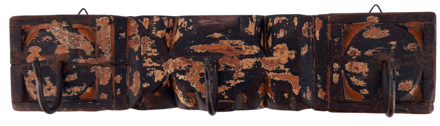 GURU SHOP Masywny wieszak na ubrania, wieszak ścienny, wieszak na ubrania, garderoba ze starych elementów drewnianych - model 16, brązowy, wieszak ścienny z drewna, metalu i ceramiki