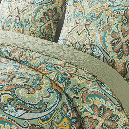NEWLAKE Cotton Bedspread Quilt Sets-Reversible Patchwork Coverlet Set, European Green Floral Pattern, King Size