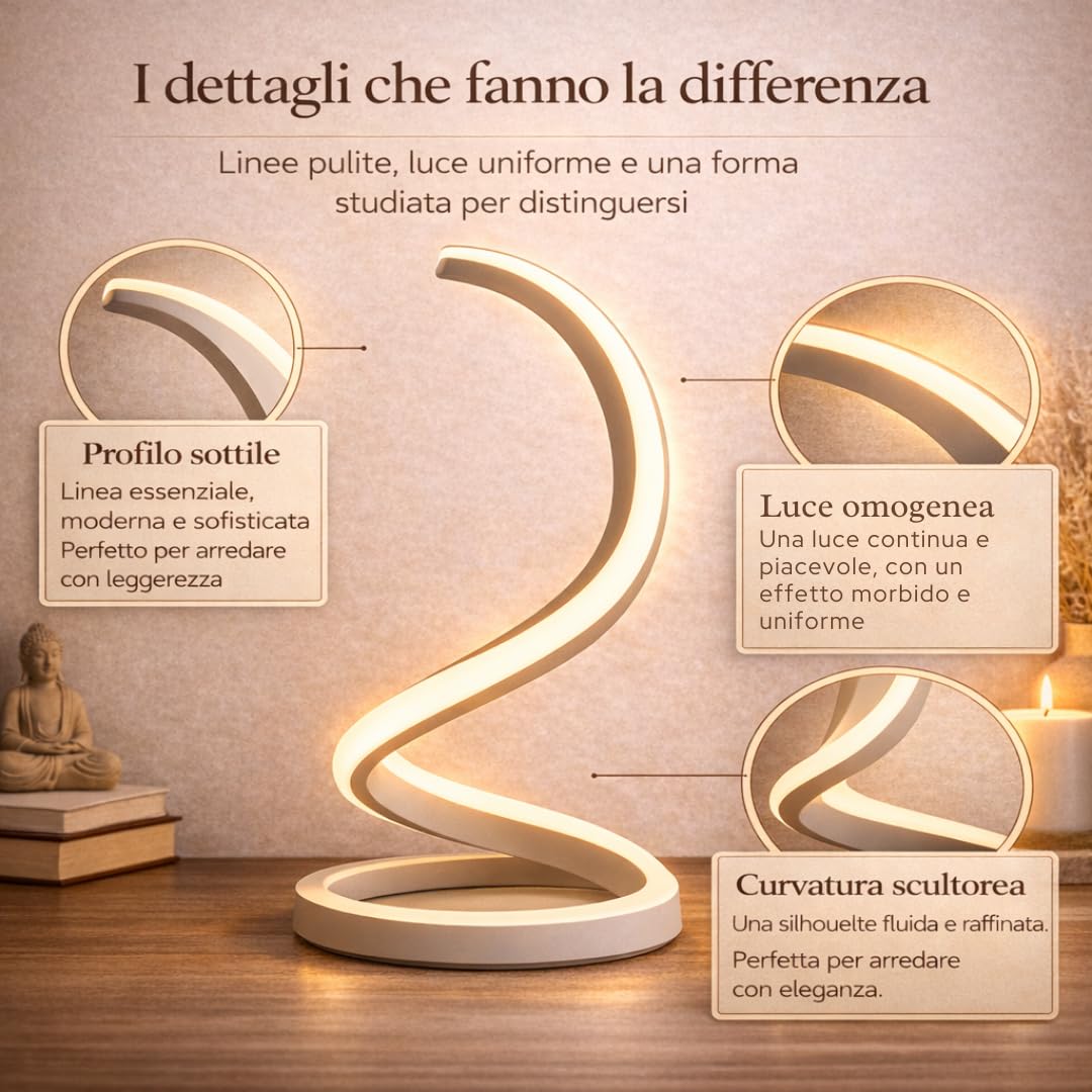 Arcadia Lampada da Comodino LED - Luce Notturna Dimmerabile Bianco Freddo, Naturale e Caldo - Design a Spirale Moderno 3200 Lumen - Abat-jour per Camera da Letto, Scrivania e Salotto (2 Unità)