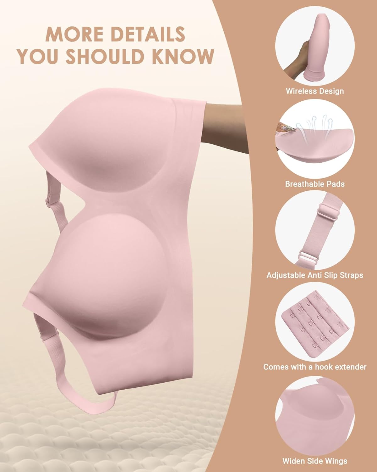 Comfortable Wirelss Seamless Push Up Padded V Neck Bra No Underwire with Support Full Coverage Back Fat Smoothing Bra Pink - Image 5