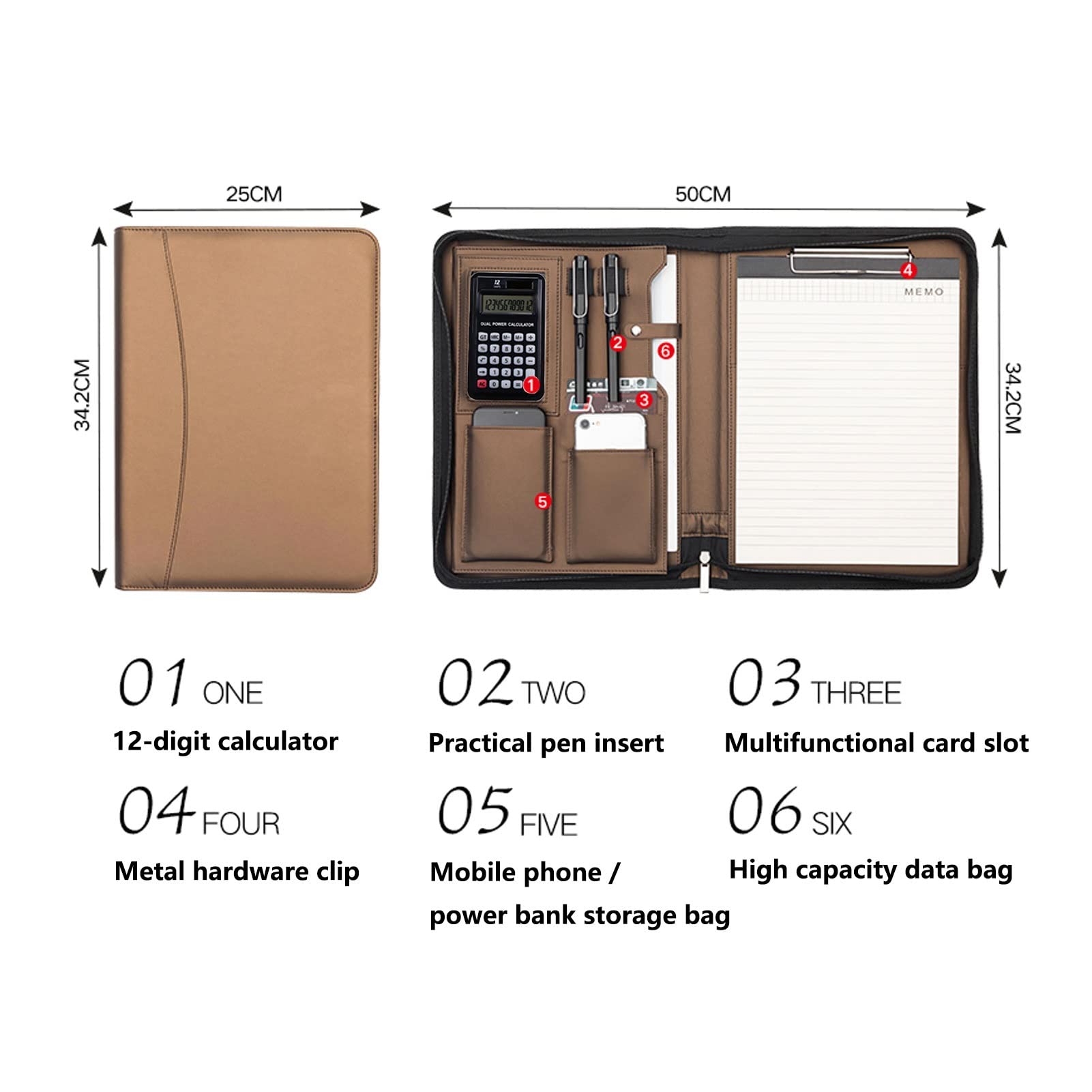 Organizator folderów Padfolio A4, zapinana na zamek, skórzana teczka, schowek, organizer na dokumenty z kalkulatorem, prezentacja biznesowa, notes do pisania, teczka do pracy, szkoły(Black)