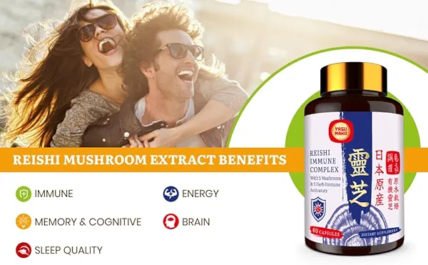 Yasumako Japanese Reishi Mushroom Complex Supplement 1500mg - Reishi,Chaga,Cordyceps,Lion's Mane,Maitake,Agaricus Mushrooms Extract & 3 Herb,Organic Mushroom Capsules for Immune,Brain (Pack of 2)