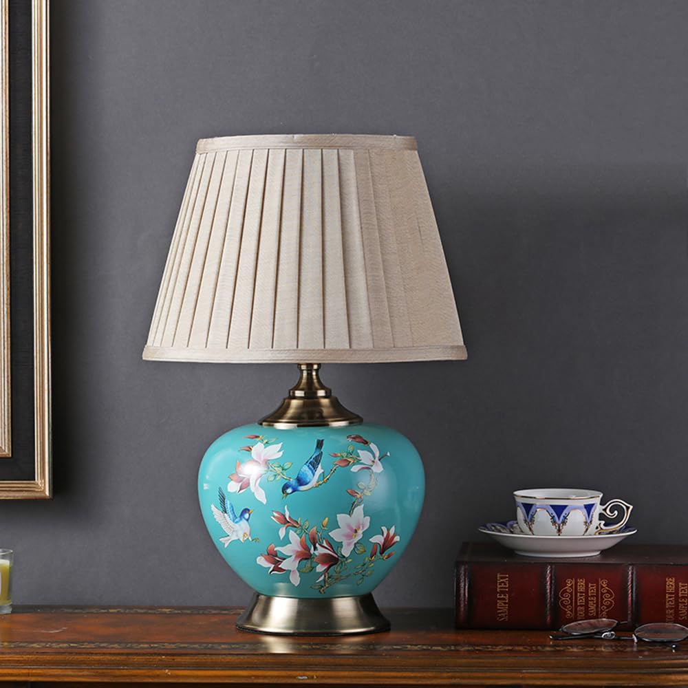 SANBDDLYY Charming Blue Ceramic Table Lamp Floral Design - Retro Mid Century Nightstand for Bedroom, Living Room, and Office(Green,Linen Shade)