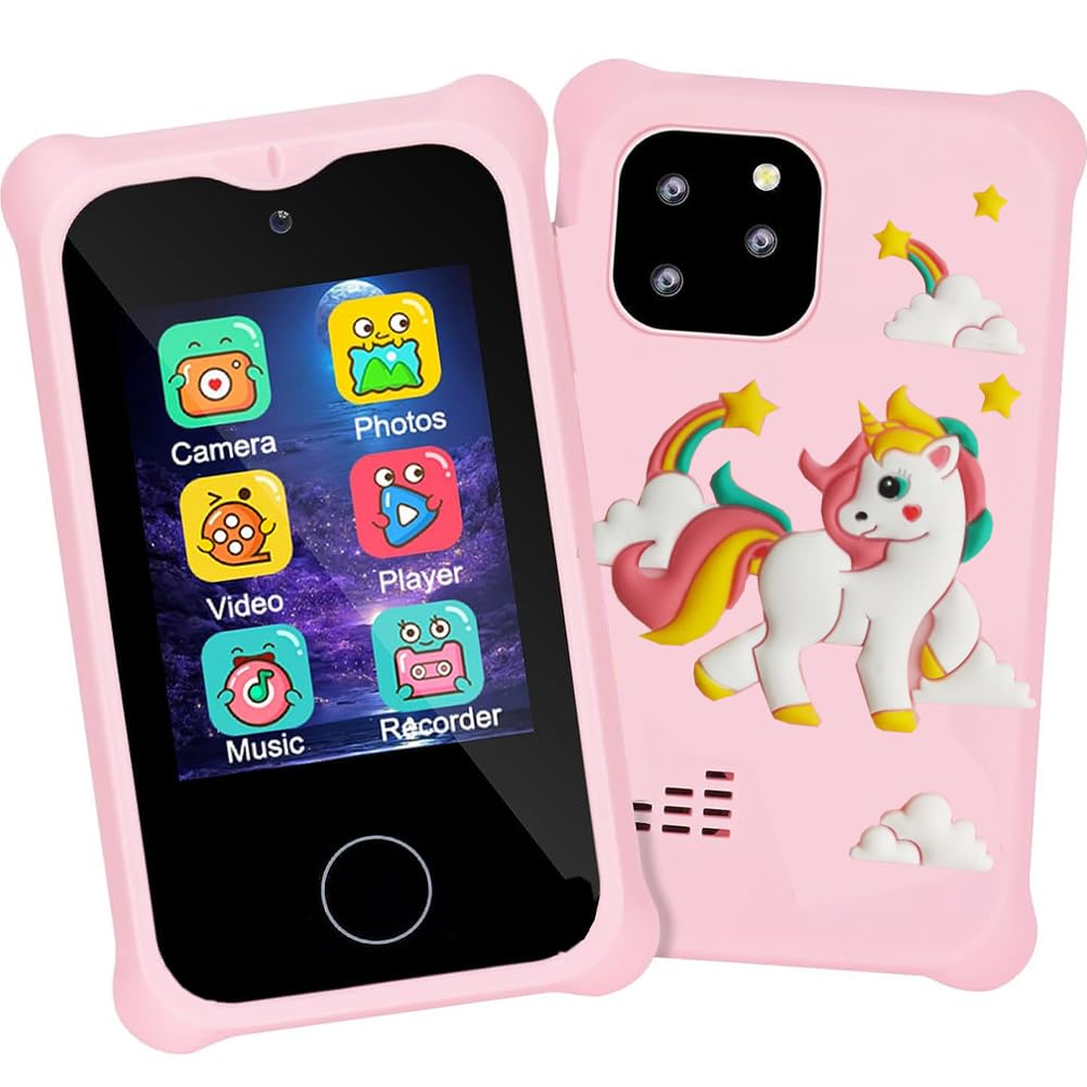 HJB VISSO Kids Smart Phone Toys for Girls Ages 3~7 with Dual Camera Touchscreen Toddler Phone Toys with Learning Games MP3 Music Player for Birthday Gifts for 3 4 5 6 7 Years Old, 32GB SD Card (Pink)