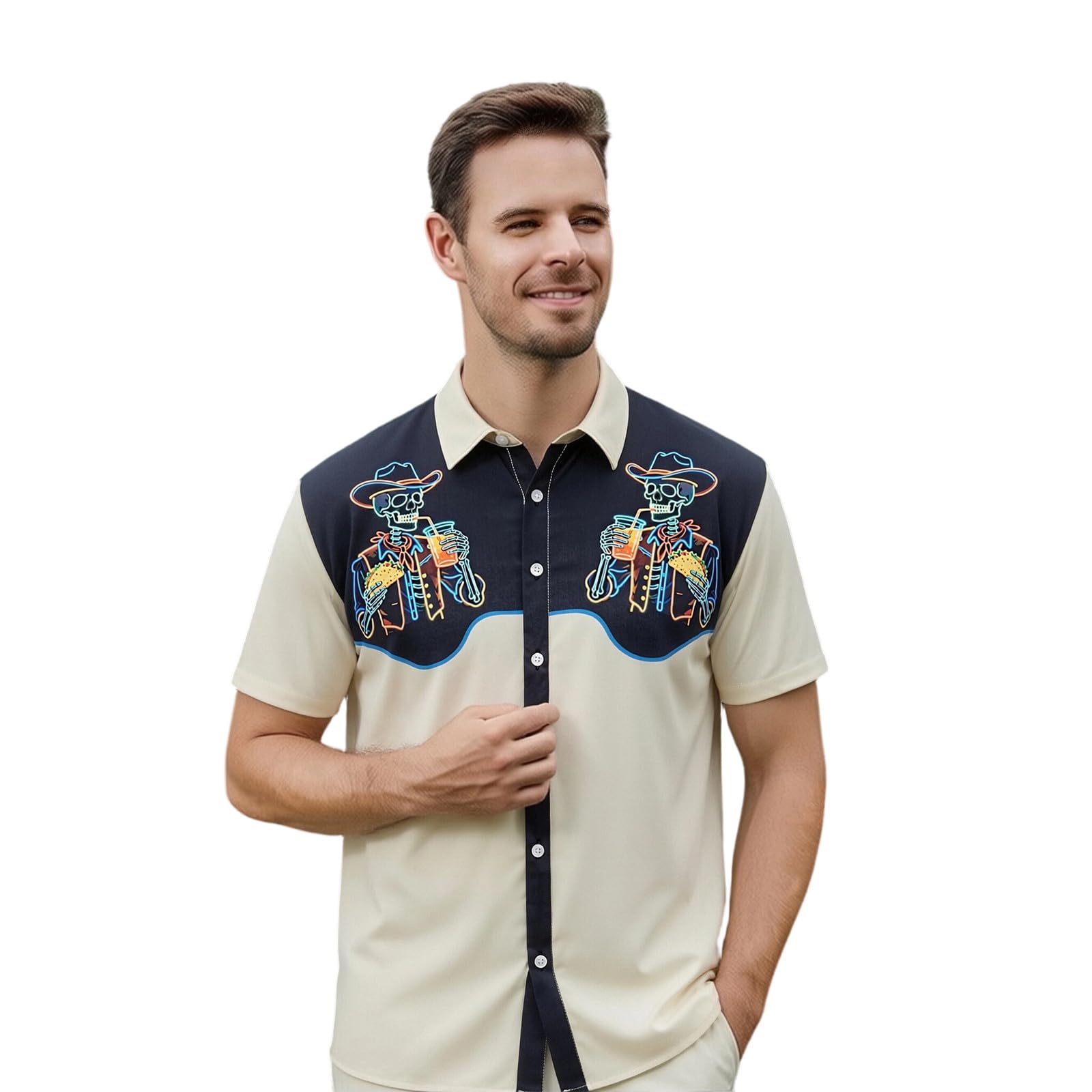 Camisa Hombre Manga Corta Camisa Country Western Impreso Camiseta Verano Casual Top Camiseta Deportiva Cómodo Suave Transpirable Top Versátil Chic con Botón para Trabajo Diario