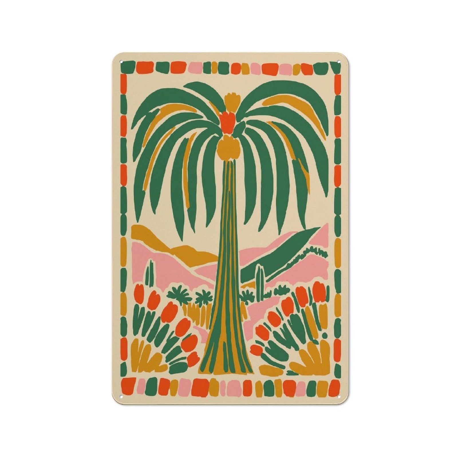 Junmoney Style-2 Rustic Tin Sign 30X20cm Featuring Palm Tree Desert Landscape Illustration For Living Room Wall, For Room Styling Across Living Rooms And Feature Walls