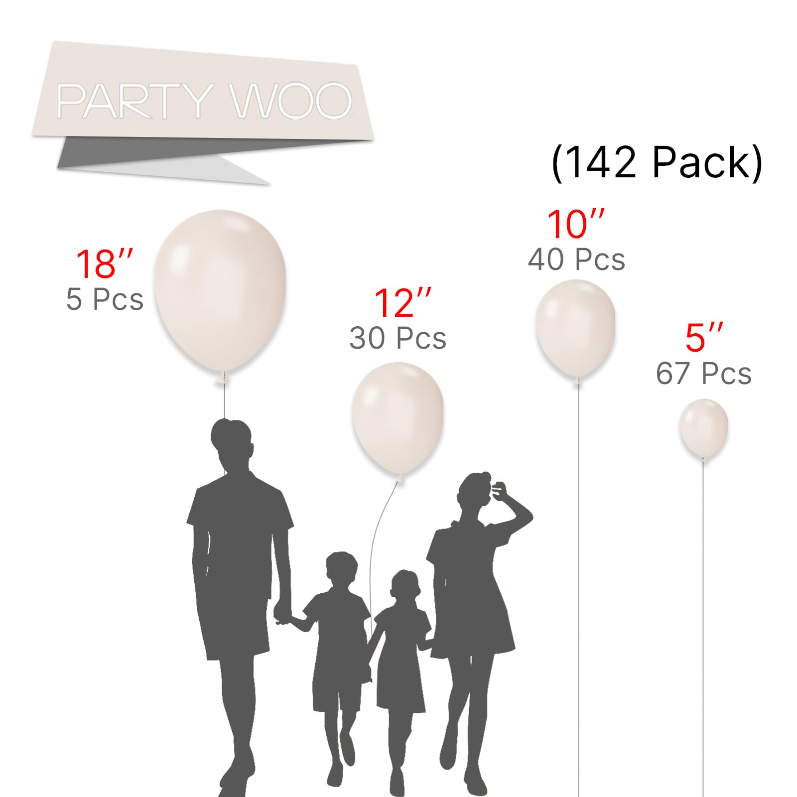 PartyWoo White Sand Balloons, 142 pcs Ivory Balloons, White Balloons Different Sizes Pack of 18 Inch 12 Inch 10 Inch 5 Inch Cream Balloons, Boho Balloons for Party Decorations, White-White Smoke-F60