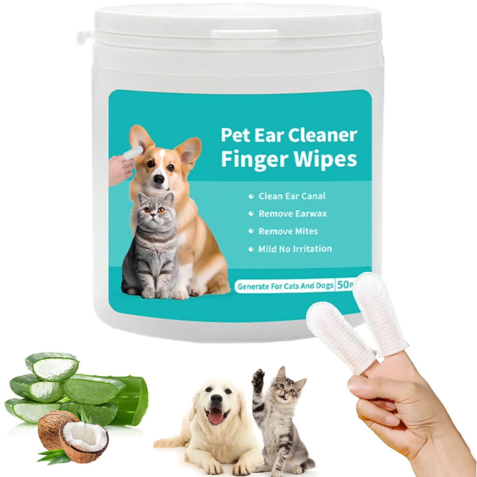 Mloowa Dog Ear Wipes Finger for Dogs Cats 50 Pcs Dog Ear Cleaner Reduce Earwax Buildup Sooths Deodorizes Relieve Ear Itching Inflammation, Fresh Coconut Scent, Natural Material