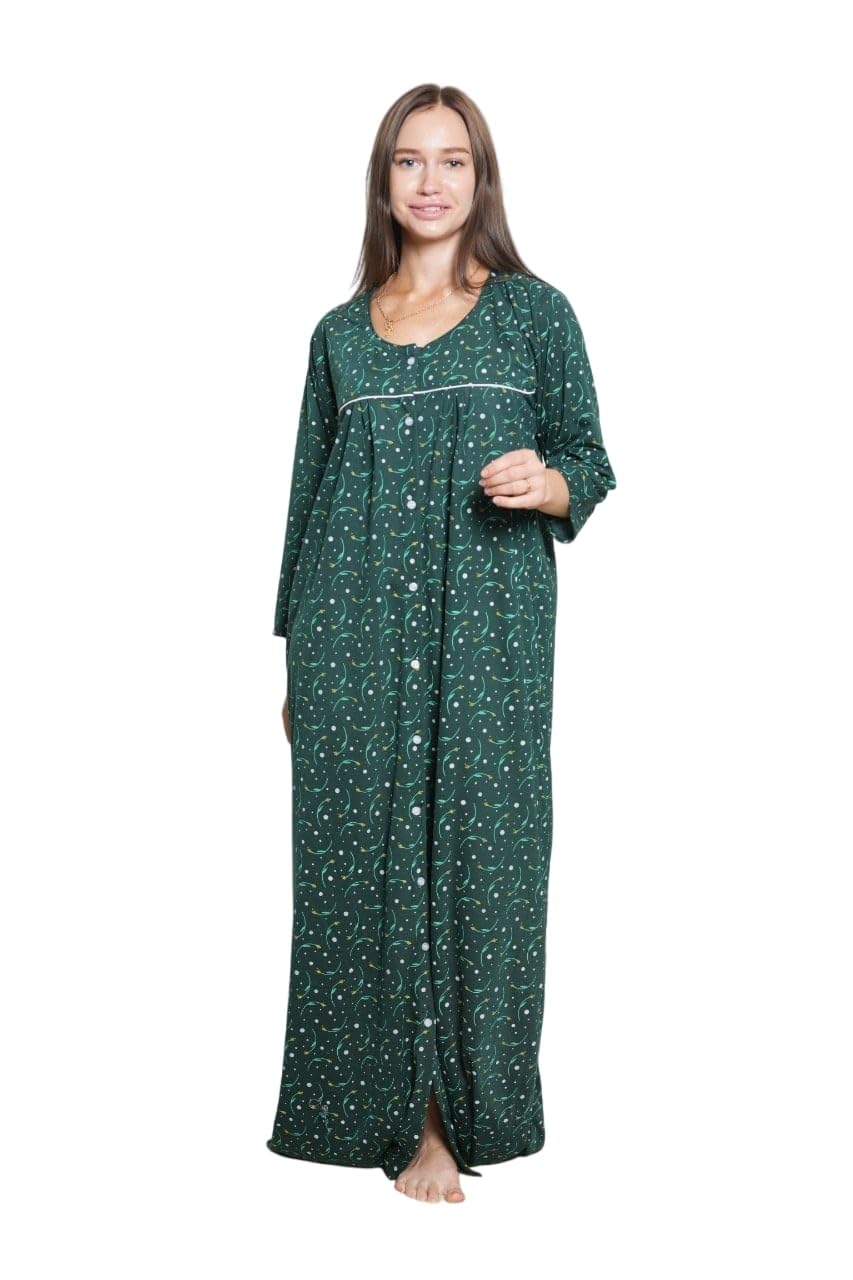 ANGLINAWomen's All Over Printed Long Sleeve Open Front Cotton Blend Nighty/Maxi/Nightgown/Nightwear WSR-115