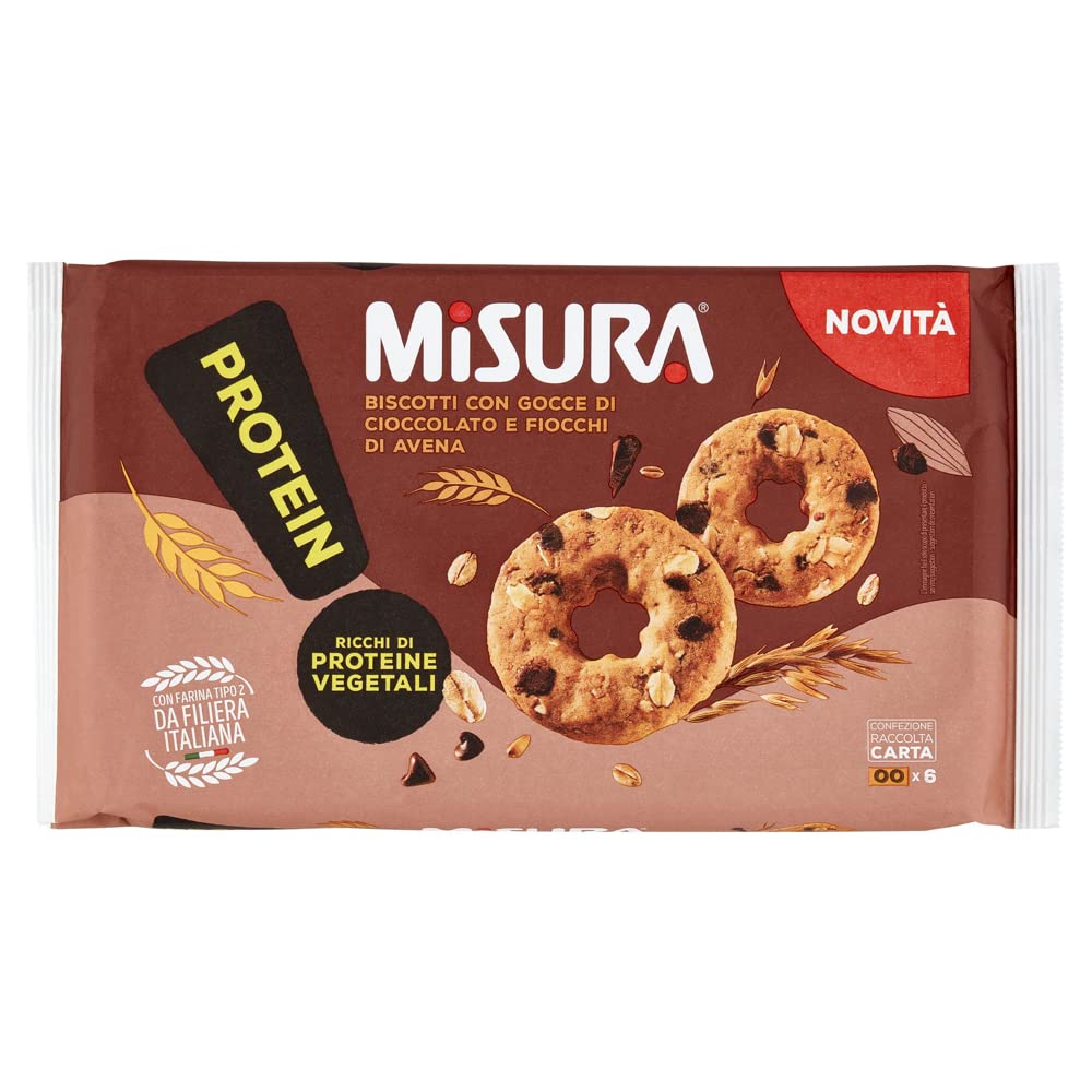 Misura Protein,Galletas de proteínas con gotas de chocolate y avena, Ricas en proteínas vegetales, 260 g + Italian Gourmet Polpa di Pomodoro 400 g en lata