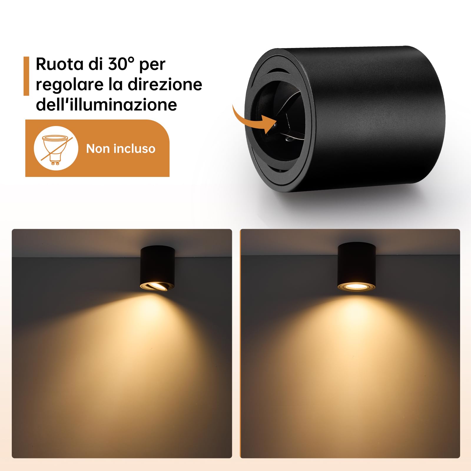 wowatt 6 Pezzi Faretti da Soffitto Neri, Faretti Soffitto Orientabili 30° | 220V, in Alluminio, 80mm x 85mm, Faretto da Soffitto con Attacco GU10, Compatibile con Lampadine GU10 e Moduli LED, Rotondo