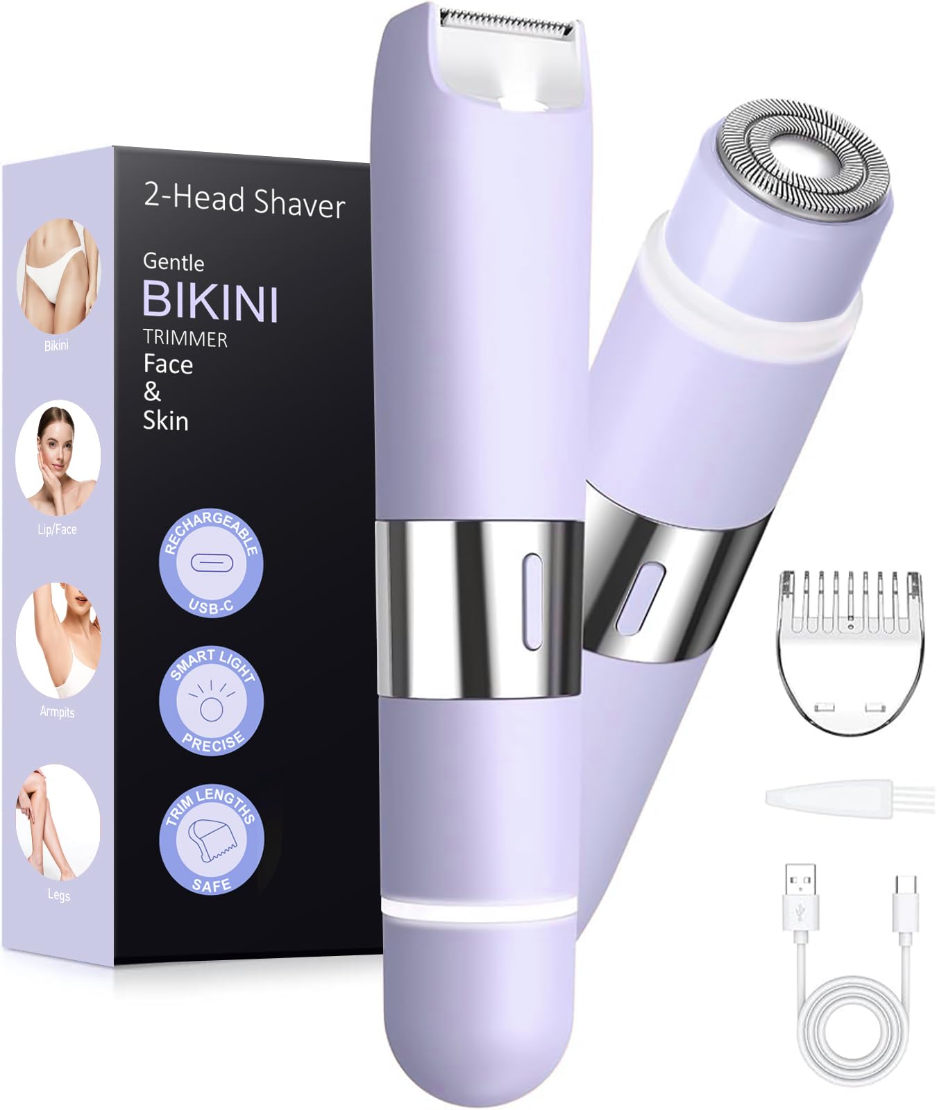 Bikini Trimmer Women 2-in-1 Facial Hair Remover for Women,USB-C Razors Woman,Dual Head Shaver Women with Smart Light for Intimate,Lady Shavers for Woman Pubic Hair for Lip Underarm Body,Travel Lock — view 9