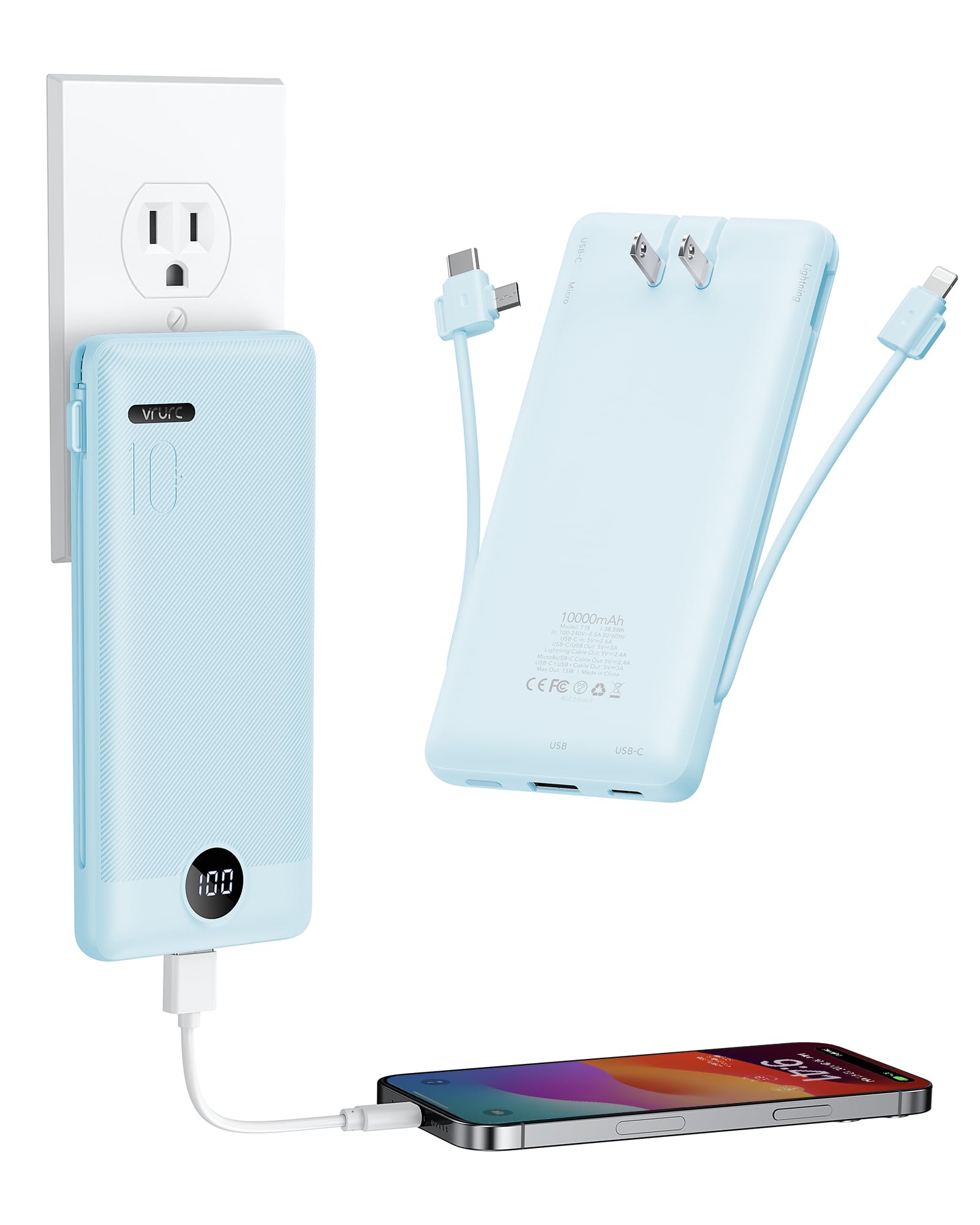 VRURC Portable Charger with Wall Plug and Cables, 10000mAh Power Bank with 22.5W Fast Charging USB Port,4 Outputs Dual Inputs Slim Compact Rechargeable Battery Pack Travel Accessories-Blue(1 Pack)