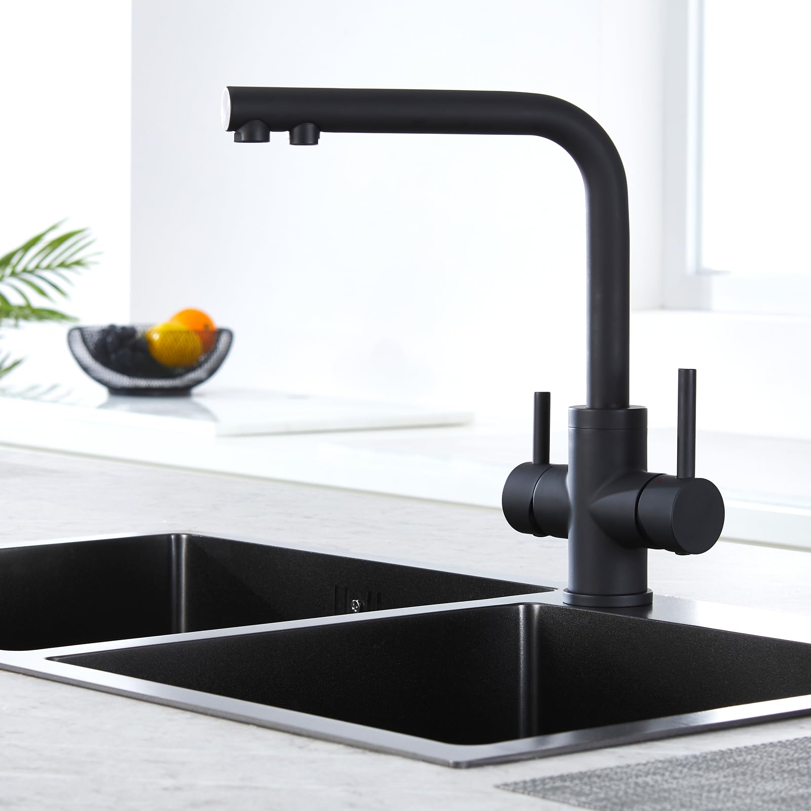CREA 3-Way Kitchen Tap Black, 360° Swivel Kitchen Fitting, 3-in-1 Mixer Tap Kitchen for Water Filter, Drinking Water Tap with 2 Levers, Three-Way Fittings Kitchen Made of Stainless Steel, Matt Black