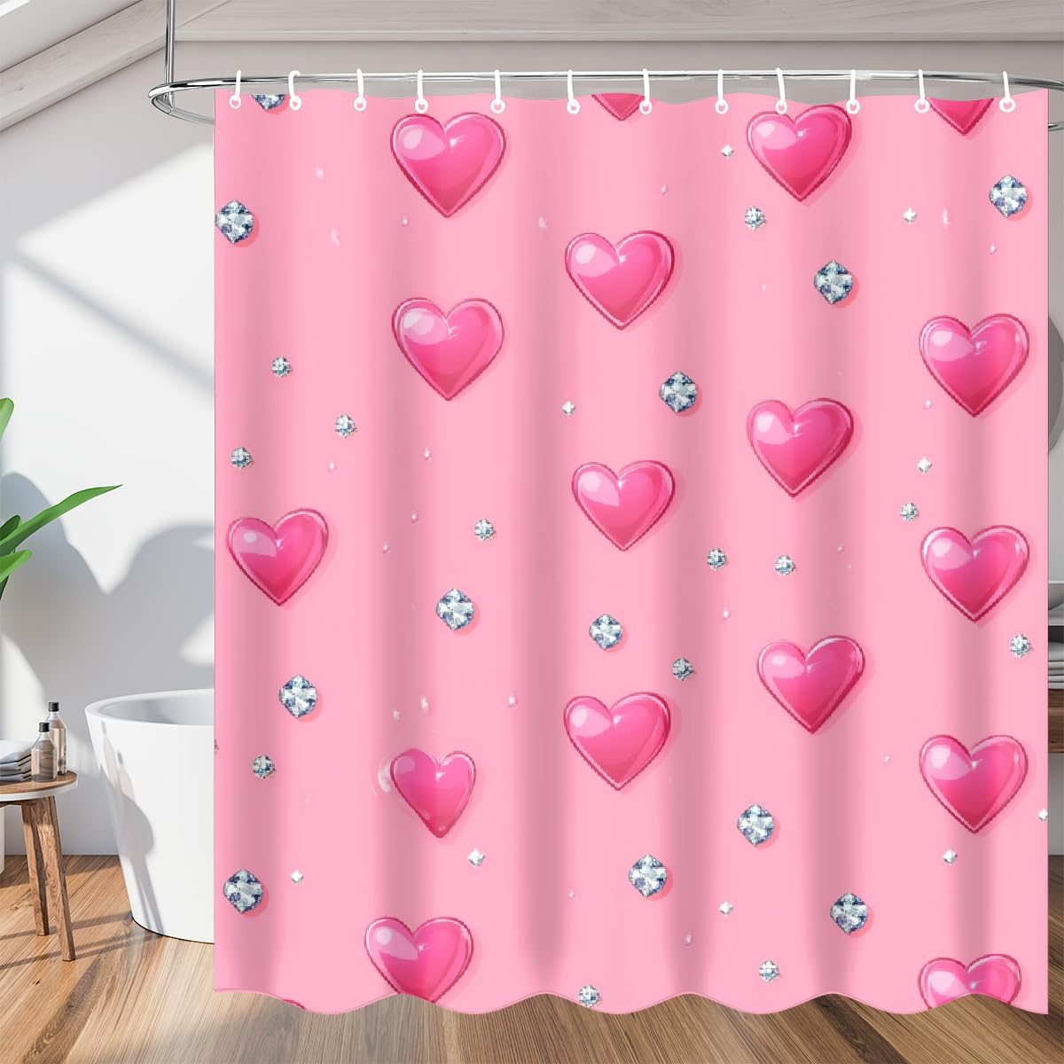 Rideau de douche imperméable rose motif cœur diamant 168x183 pour baignoire avec crochets