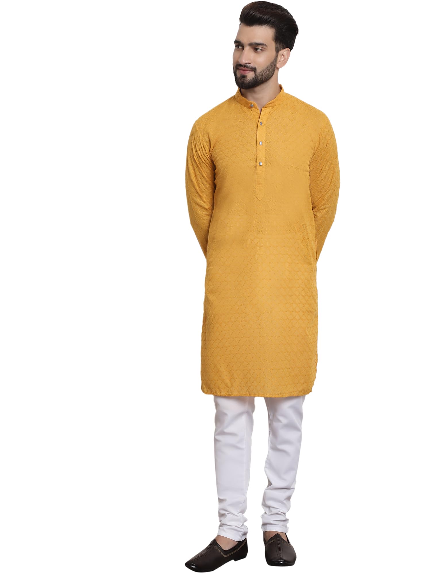 Sojanya (Since 1958 Men's Pure Cotton Mustard Embroidered Kurta With White Pyjama