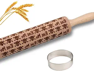 Halloween Embossed Rolling Pin for Baking Cookies Embossing Rolling Pins with Design Wooden Engraved Springerle Roller Pin Dough Spooky Patterned Clay Pottery Ceramic Gifts Bakers Women(Skulls)