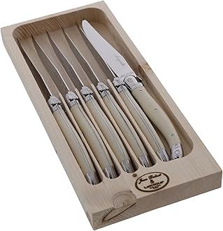 Jean Dubost Laguiole 6-Piece Steak Knife Set, Ivory Handles - 1.5 mm Blades - Rust-Resistant Stainless Steel - Includes Wooden Tray - Made in France