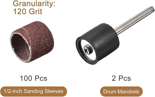 Miniatura 2 de uxcell Juego de 100 piezas de papel de lija de 12 pulgada, grano 120 con 2 mandriles de tambor de 18 pulgadas para herramientas rotativas