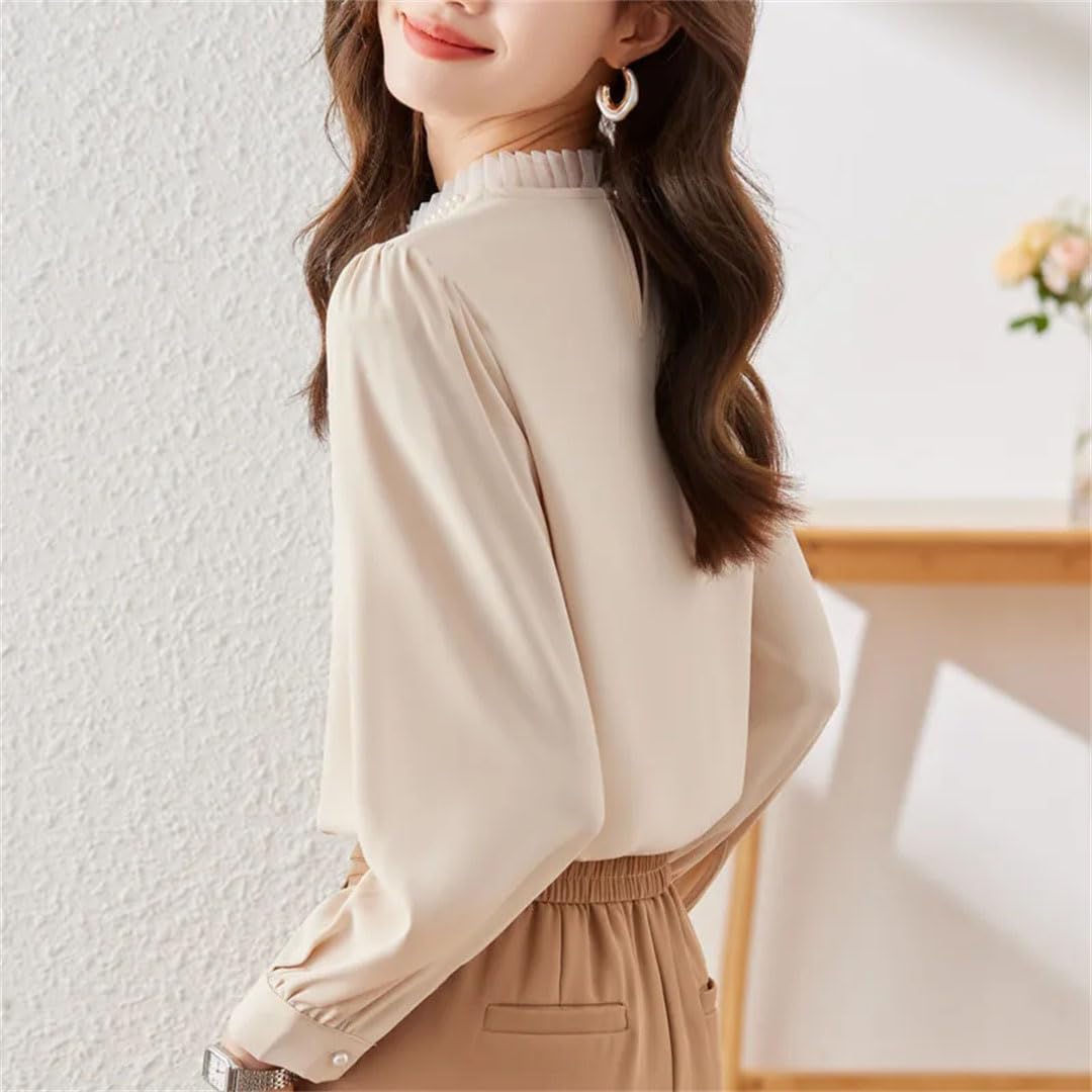 Blusa de gasa para mujer, elegante, de manga larga, para oficina, color liso, holgada